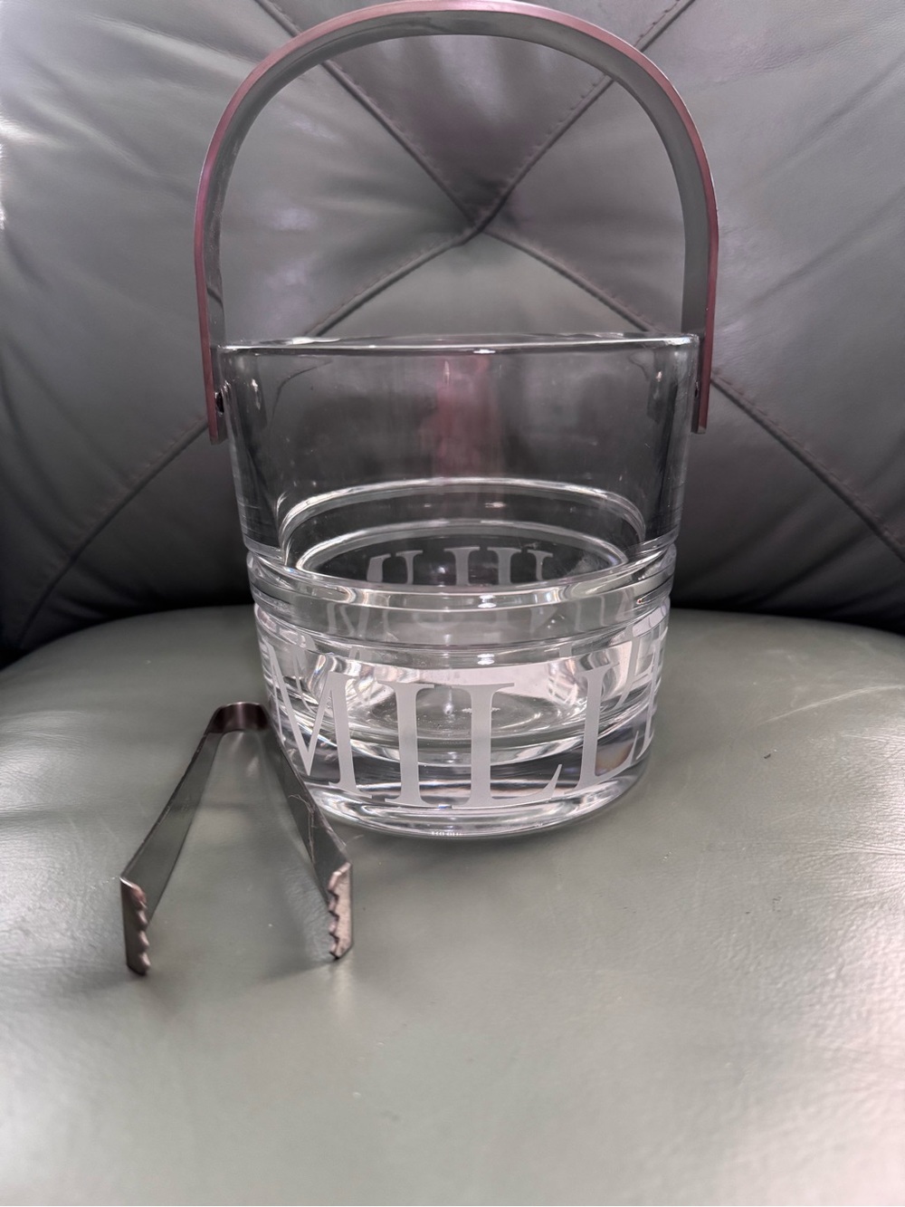 RARE Miller Rogaska Crystal Glass Ice Bucket with Silver-Toned Handle and Tongs